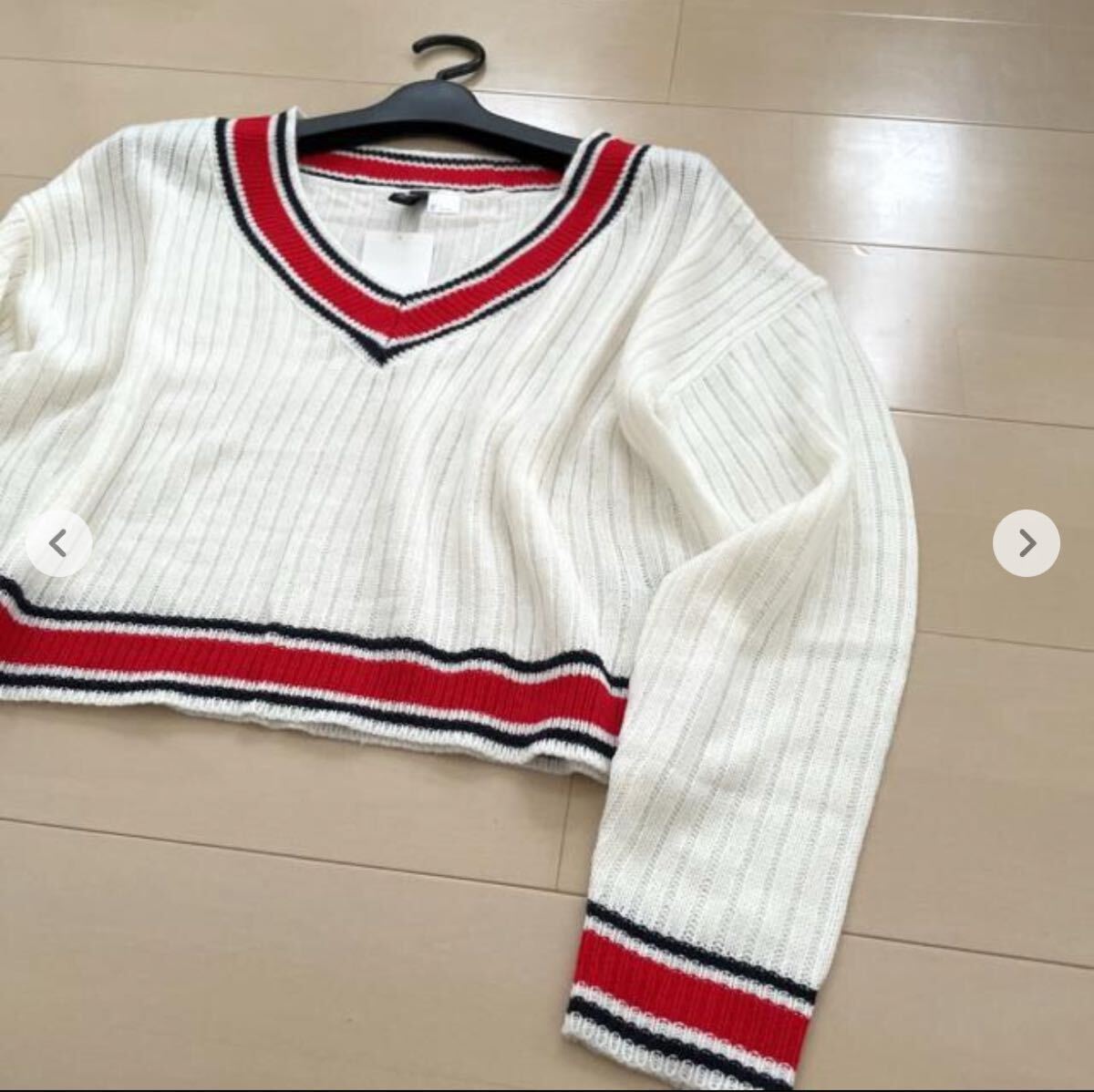 [新品] Vネック配色ラインニットトップス セーター ニット ホワイト ケーブルニット_画像5