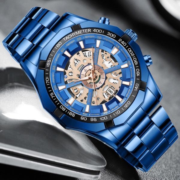 【新品】 メンズ腕時計 防水 耐衝撃 ステンレス ウォッチ アナログ ビジネス ブルー 青 デイト表示 T05BL 1円_画像3