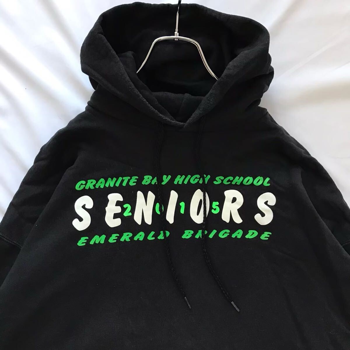 USA製 Hanes 高校 カレッジSENOIRS パーカー 黒 XL相当 ヴィンテージ風 フーディー ブラック_画像2