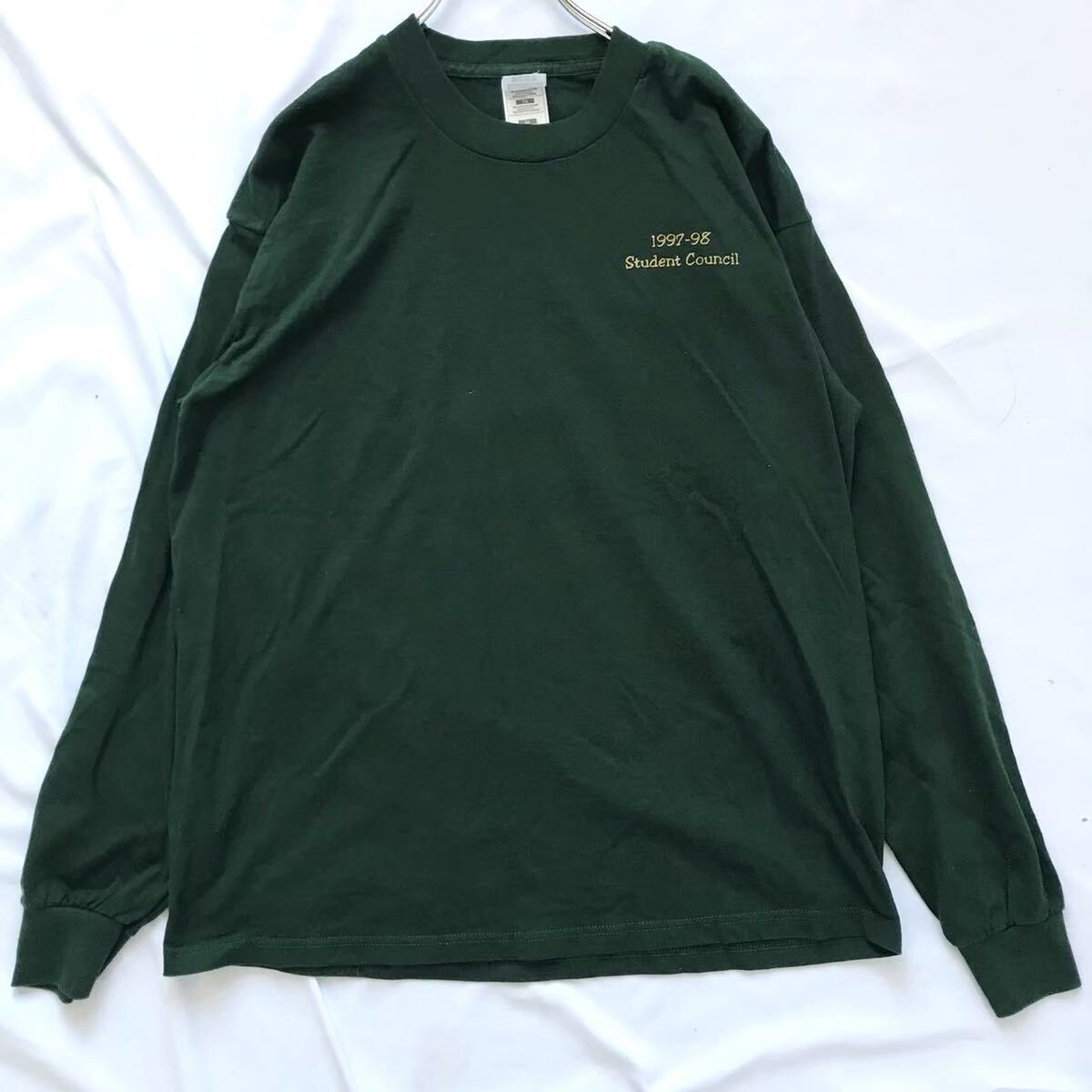 90s FRUIT OF THE LOOM ロンT グリーン XL 学生会プリント USA製生地 ビンテージ_画像1