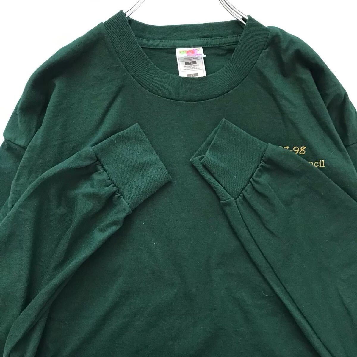 90s FRUIT OF THE LOOM ロンT グリーン XL 学生会プリント USA製生地 ビンテージ_画像5