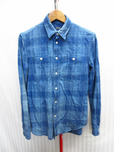 ラルフローレン　チェック柄デニム系シャツ SIZE XS ネルシャツ 長袖シャツ インディゴシャツ 襟付きカットソー フランネルジャケット08122_画像1