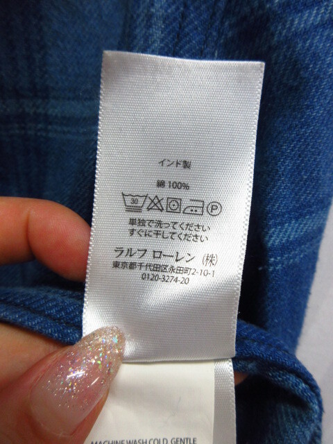 ラルフローレン　チェック柄デニム系シャツ SIZE XS ネルシャツ 長袖シャツ インディゴシャツ 襟付きカットソー フランネルジャケット08122_画像7