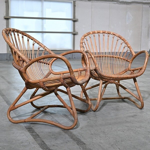 希少 山川ラタン 籐椅子 2脚セット 山川七郎 チェア スツール シングルソファ 一人掛け ビンテージ_ヤマカワ YMK 長岡 渡辺力 譲 剣持勇_画像1