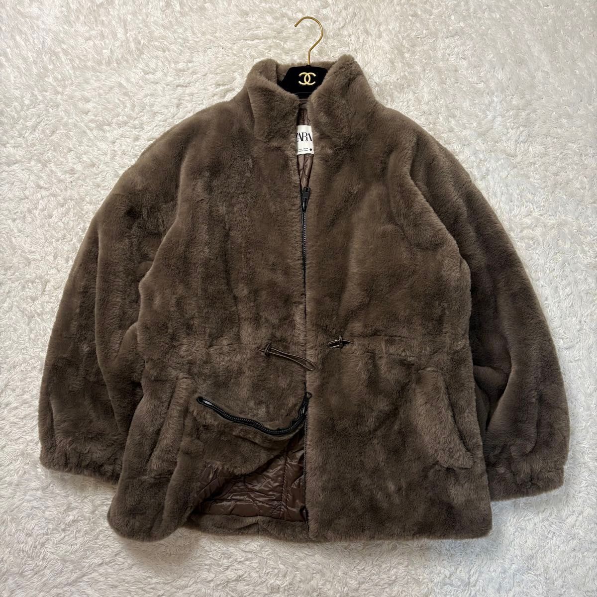 【美品 大きいサイズ】ZARA フェイクファーコート L 大きいサイズ ファー ファーコート コート L XL ブラウン 茶 レディース _画像1