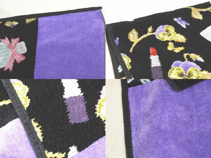 美品 FEILER フェイラー バスタオル コットン パイル地 ◇ コスメ柄 パンジー柄等 総柄 ブラック パープル系 ▼7J_画像2