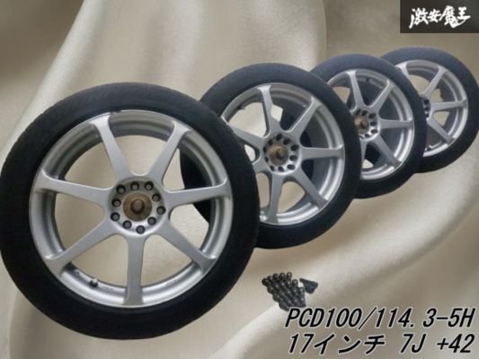 ●社外 17インチ 7J +42 PCD100/114.3 マルチ 5H ホイール 4本 205/50R17 タイヤ付 専用ナット付属 アルファード ヴェルファイア 棚X-1_画像1