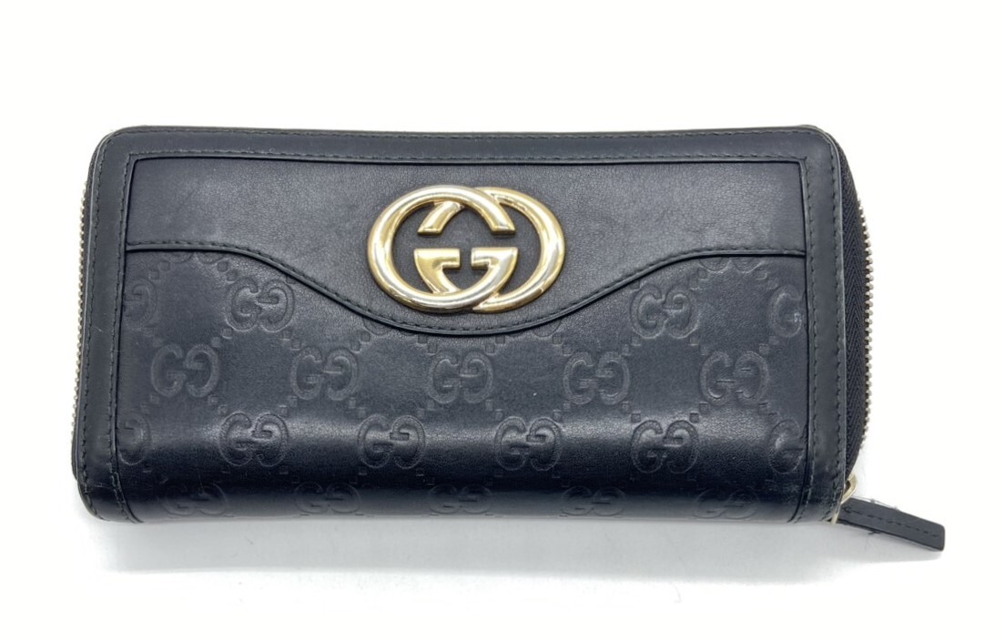 【24176】GUCCI グッチ 308012 グッチシマ インターロッキングG レザー ラウンドファスナー 長財布 ウォレット 札入れ ブラック系_画像1