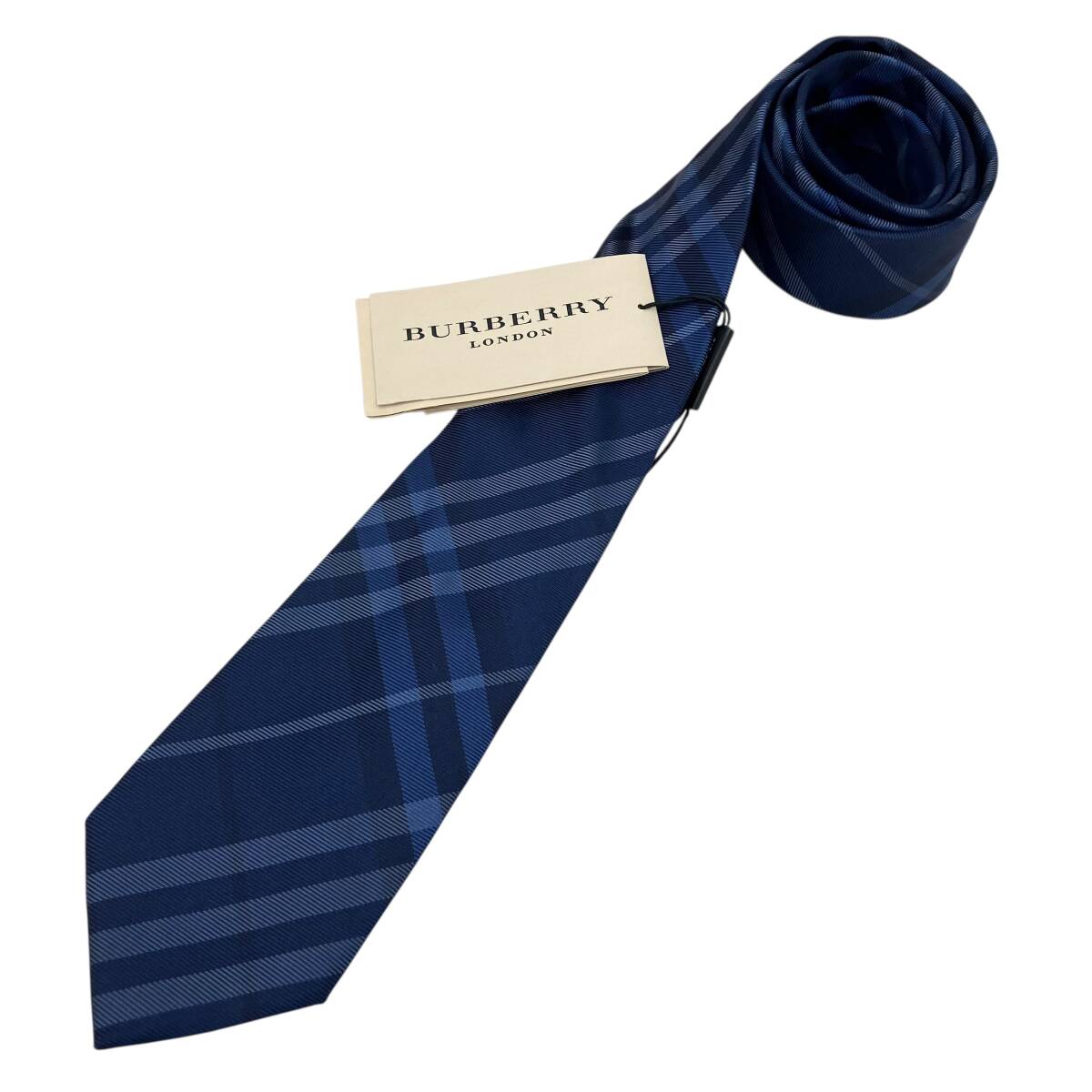 未使用 BURBERRY LONDON バーバリー シルクネクタイ イタリア製 チェック ブルー_画像1