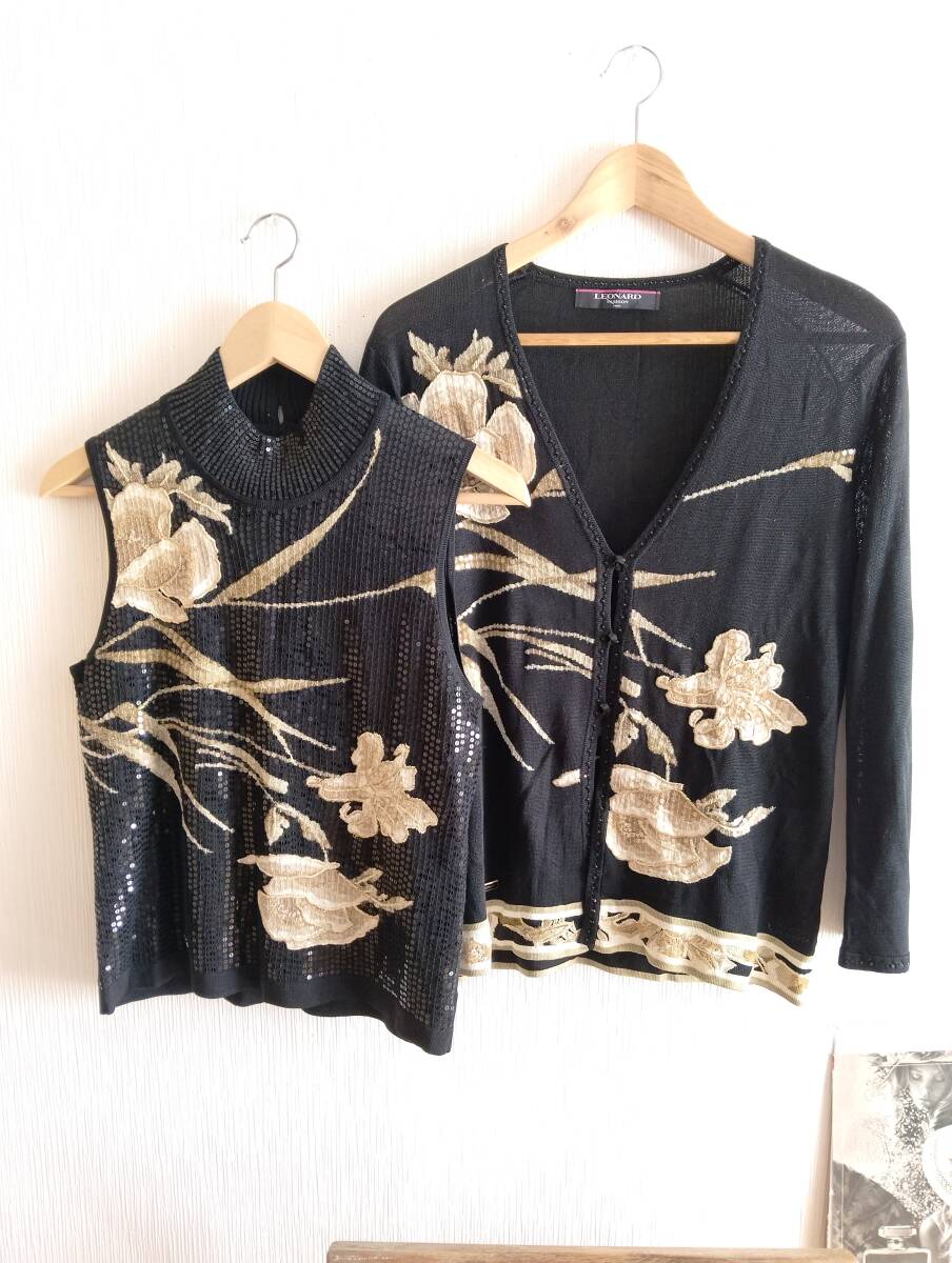 ■【美品】レオナール/LEONARD 刺繍 スパンコール カーディガン & ハイネック ノースリーブ カットソー L サイズ ブラック