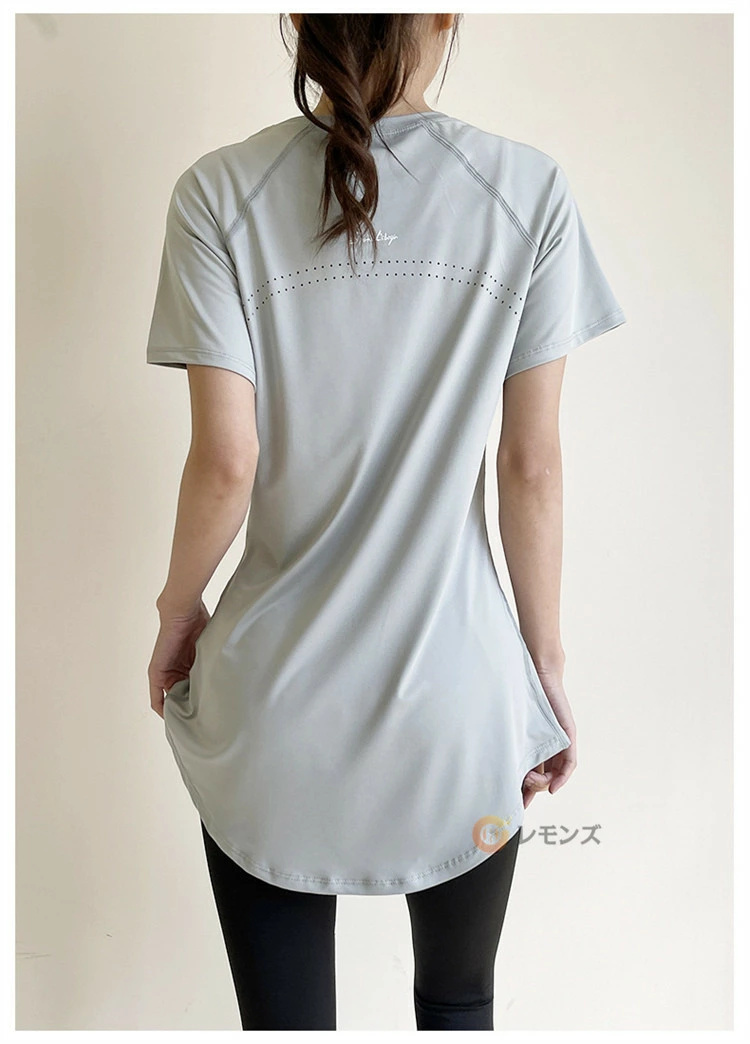 ヨガウェア Tシャツ レディース 半袖Tシャツ ロング丈 速乾 ヨガtシャツ 丈長 体型カバー ヨガトップス バック長め サイズ選択可_画像3