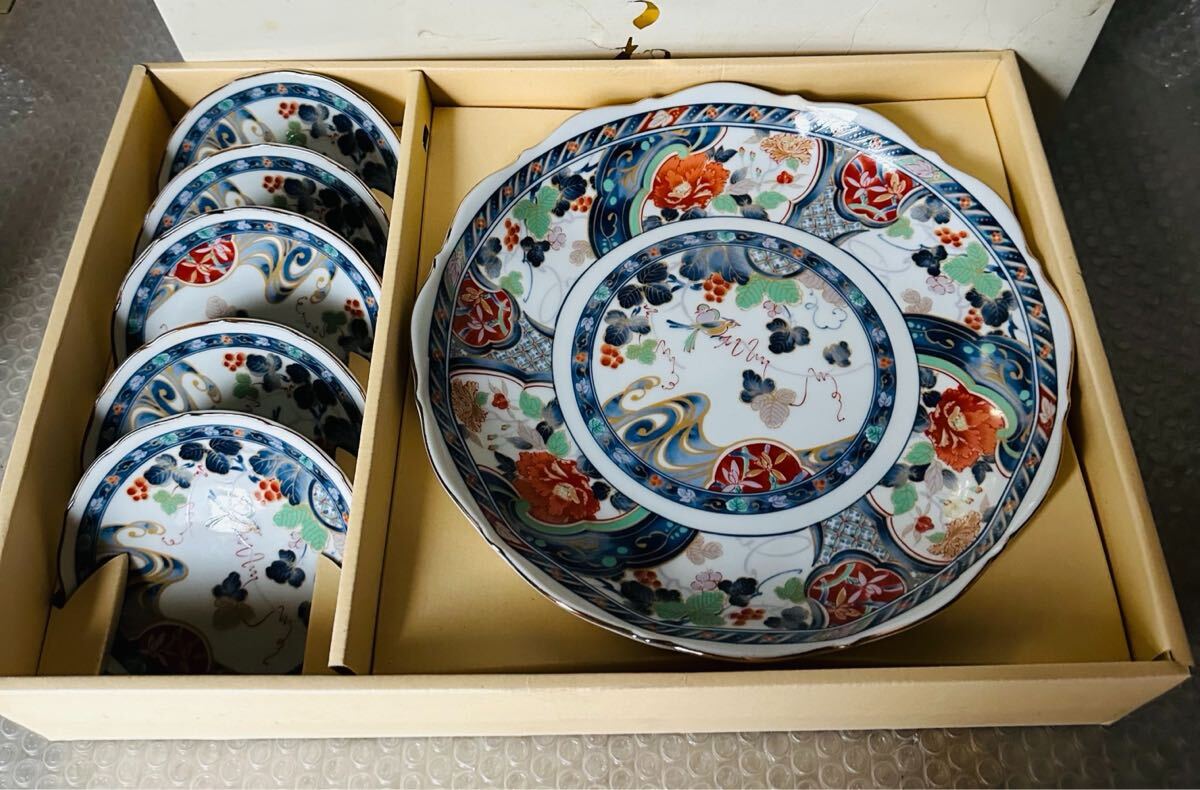 九谷焼　丸喜陶苑　金彩 錦花鳥　大皿1枚　小皿5枚　古伊万里　内喜陶苑【未使用保管品】_画像1