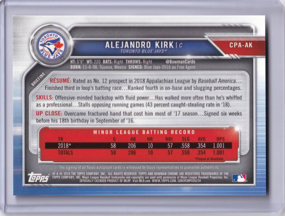 ALEJANDRO KIRK автограф автограф карта 2019 TOPPS BOWMAN CHROME PROSPECT 1st AUTOGRAPH CARD /are рука ro* машина k/ прямой документ .AUTO