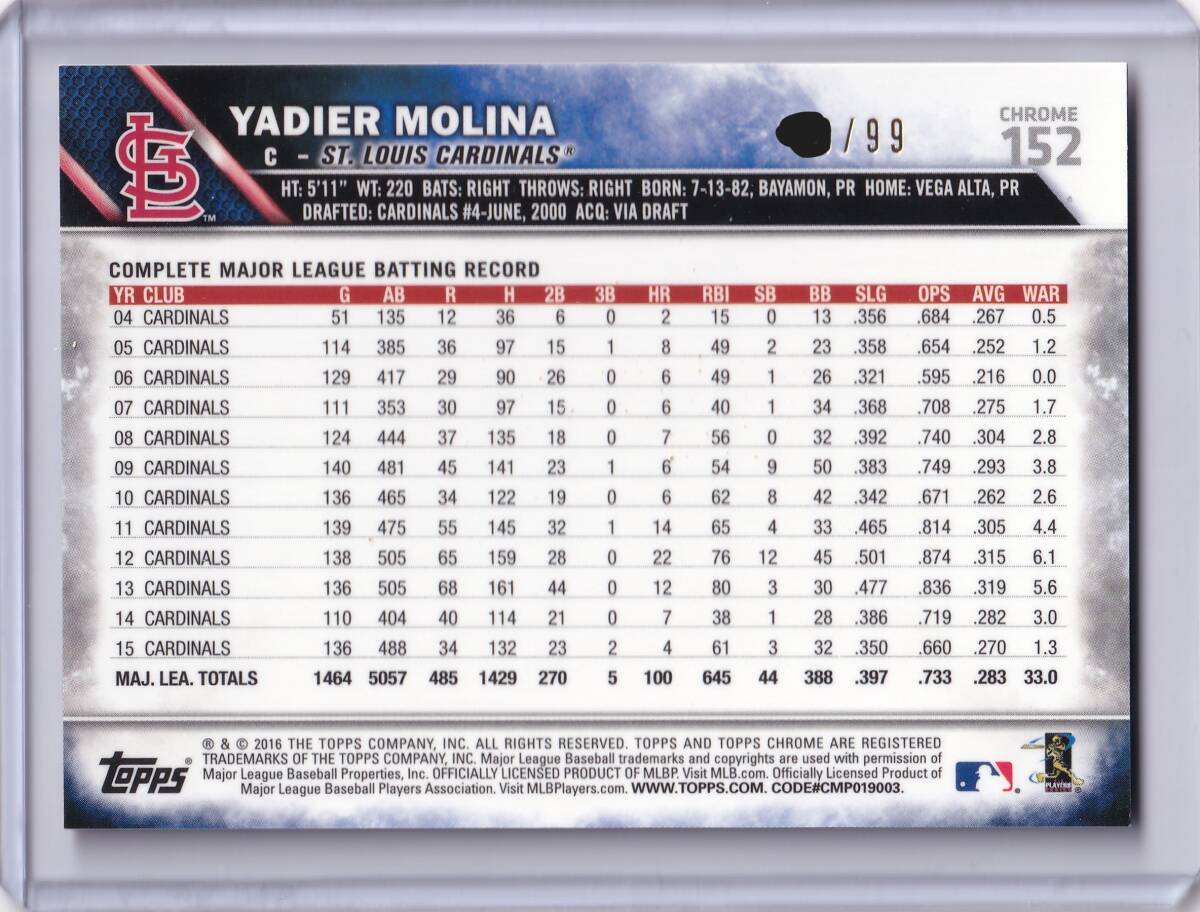 YADIER MOLINA 99 листов ограничение 2016 TOPPS CHROME GREEN REFRACTOR /yatia-*mo Lee na