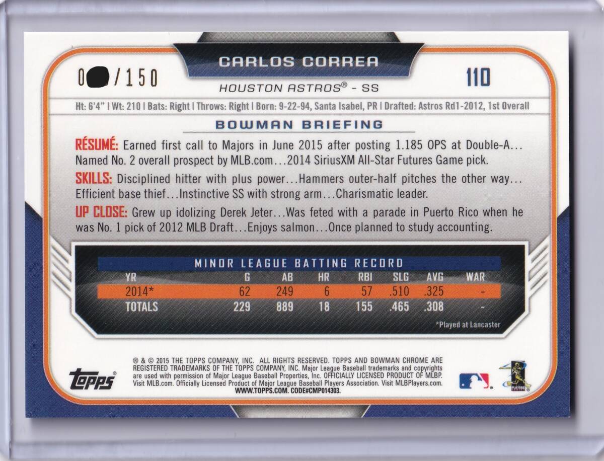 【RC】CARLOS CORREA 150枚限定 2015 TOPPS BOWMAN CHROME #110 ROOKIE CARD BLUE REFRACTOR / カルロス・コレア / ルーキーカードの画像2