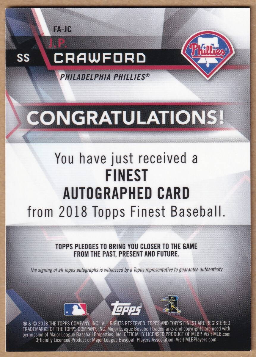 [RC]J.P. CRAWFORD автограф автограф карта 99 листов ограничение 2018 TOPPS FINEST ROOKIE AUTOGRAPH CARD GREEN REFRACTOR / черный Ford / прямой документ .AUTO