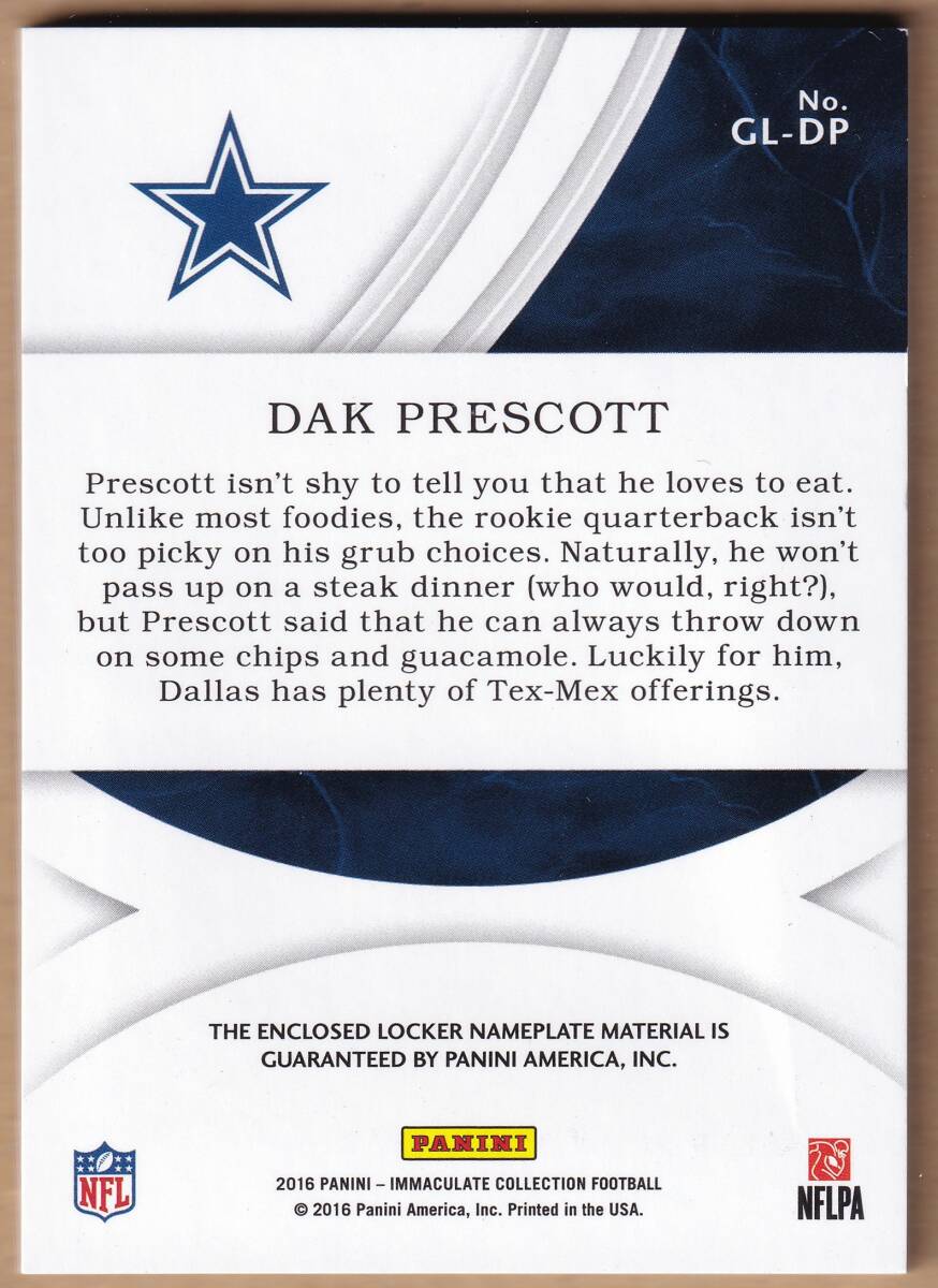 DAK PRESCOTT 7 листов ограничение 2016 PANINI IMMACULATE COLLECTION FOOTBALL PATCH RELIC CARD / Duck * pre Scott / NFL