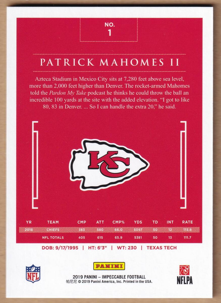 PATRICK MAHOMES II 75 листов ограничение 2019 PANINI IMPECCABLE FOOTBALL #1 / Patrick *ma Home z/ NFL