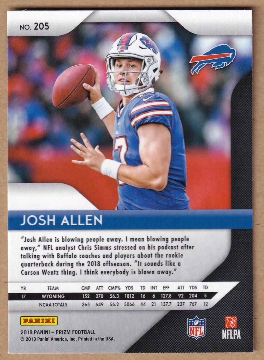 [RC]JOSH ALLEN 2018 PANINI PRIZM #205 ROOKIE CARD /joshu*a Len / rookie карта / FOOTBALL / NFL