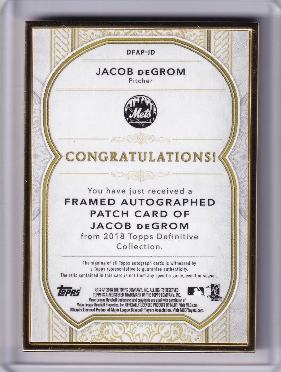 JACOB DEGROM автограф автограф карта 10 листов ограничение 1st# 2018 TOPPS DEFINITIVE AUTOGRAPHED PATCH CARD / Jacob *te Glo m/ прямой документ .AUTO
