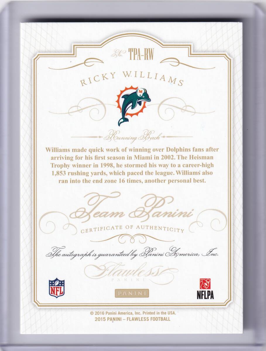 RICKY WILLIAMS автограф автограф карта 20 листов ограничение 2015 PANINI FLAWLESS FOOTBALL AUTOGRAPH CARD / AUTO / Ricky * Williams / NFL