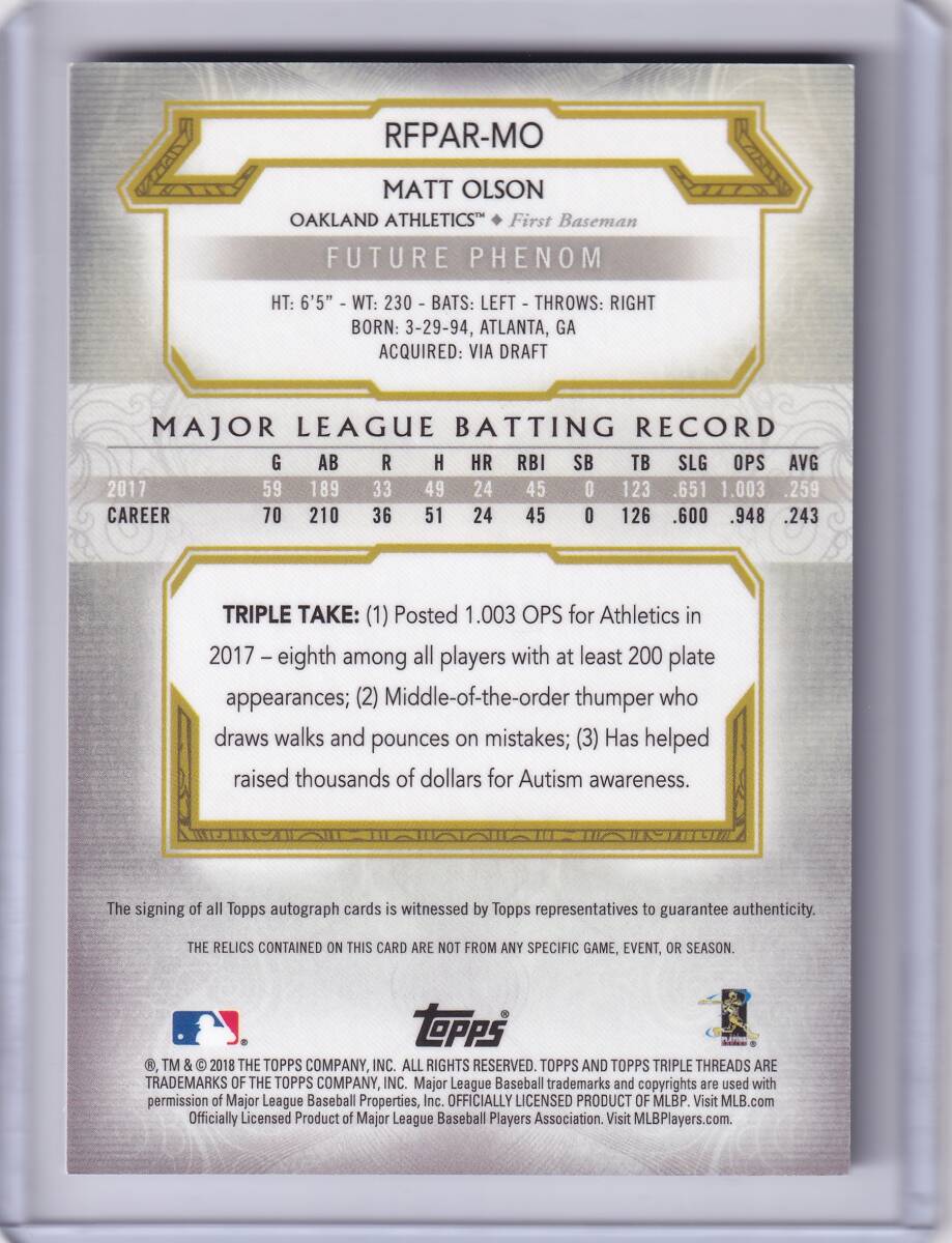 MATT OLSON автограф автограф карта 75 листов ограничение 2018 TOPPS TRIPLE THREADS AUTOGRAPHED RELIC CARD / коврик *oruson/ прямой документ .AUTO