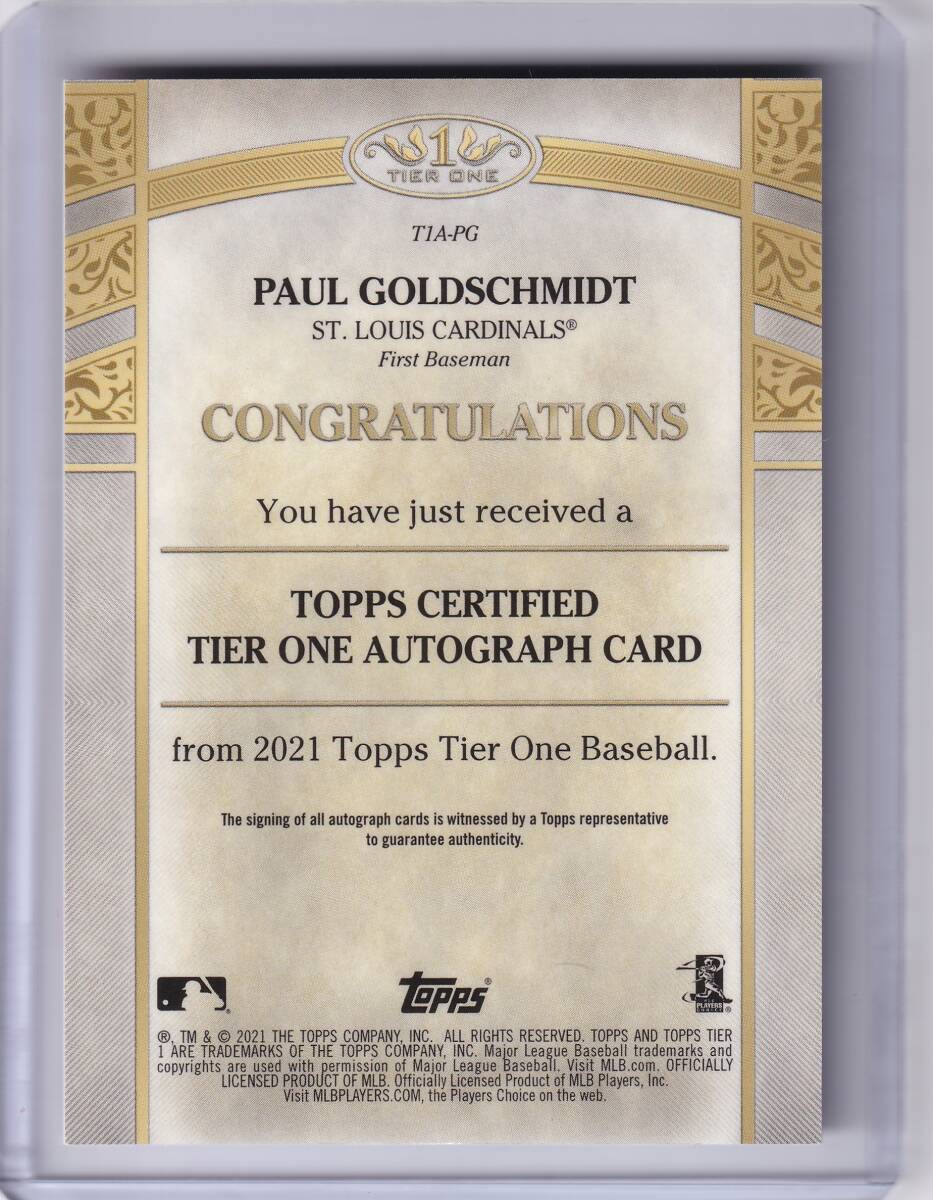 PAUL GOLDSCHMIDT 直筆サインカード 100枚限定 2021 TOPPS TIER ONE AUTOGRAPH CARD / ポール・ゴールドシュミット / 直書き AUTOの画像2
