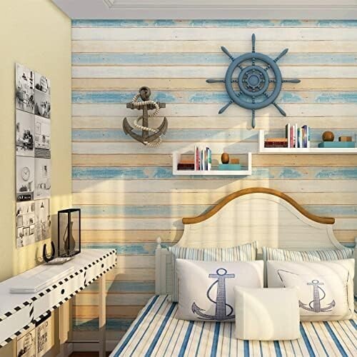 ☆新品☆Homya 壁紙シール 45cmｘ10m 木目 リメイクシート はがせる壁紙 接着剤不要 DIYシート 防水 防カビ ウォールステッカー 地中海風_画像2