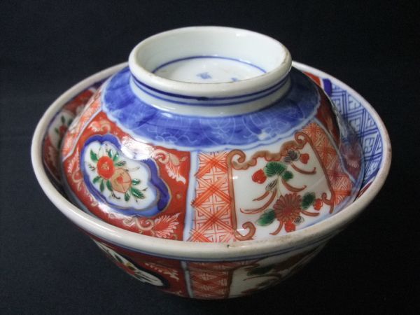 【睦】伊万里 どんぶり 富貴長春 色絵磁器 窓絵 花文 染付 時代物 骨董■_画像2