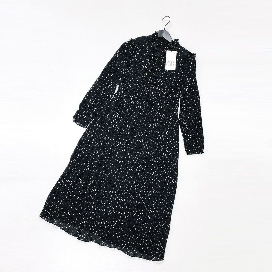 ZARA /S/ ブラック 長袖ワンピース ホワイトドットプリーツロングドレス レディース タグ付き カジュアル フェミニン 大人可愛い生地 ザラ_画像2