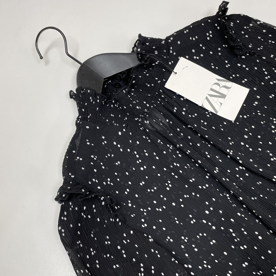 ZARA /S/ ブラック 長袖ワンピース ホワイトドットプリーツロングドレス レディース タグ付き カジュアル フェミニン 大人可愛い生地 ザラ_画像3