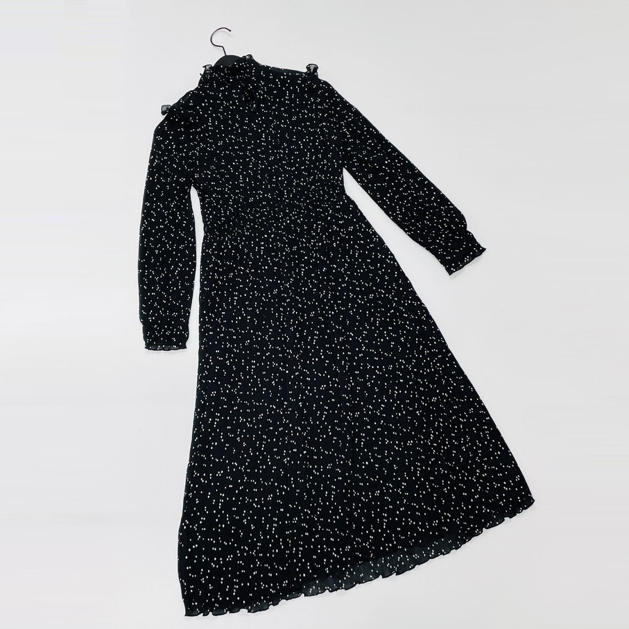 ZARA /S/ ブラック 長袖ワンピース ホワイトドットプリーツロングドレス レディース タグ付き カジュアル フェミニン 大人可愛い生地 ザラ_画像10