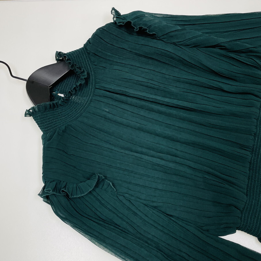 ZARA /M/ グリーン ロングワンピース レディース プリーツ フリル 長袖ドレス カジュアル ゴールドボタン 大人可愛い生地 デイリー ザラ_画像2