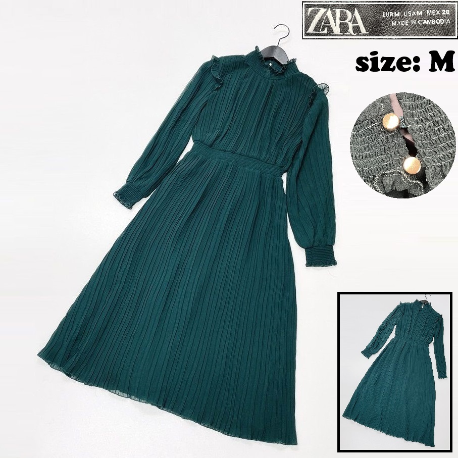 ZARA /M/ グリーン ロングワンピース レディース プリーツ フリル 長袖ドレス カジュアル ゴールドボタン 大人可愛い生地 デイリー ザラ_画像1