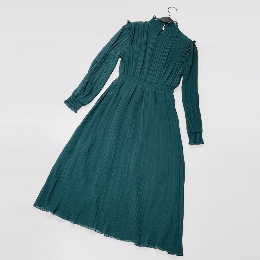 ZARA /M/ グリーン ロングワンピース レディース プリーツ フリル 長袖ドレス カジュアル ゴールドボタン 大人可愛い生地 デイリー ザラ_画像10
