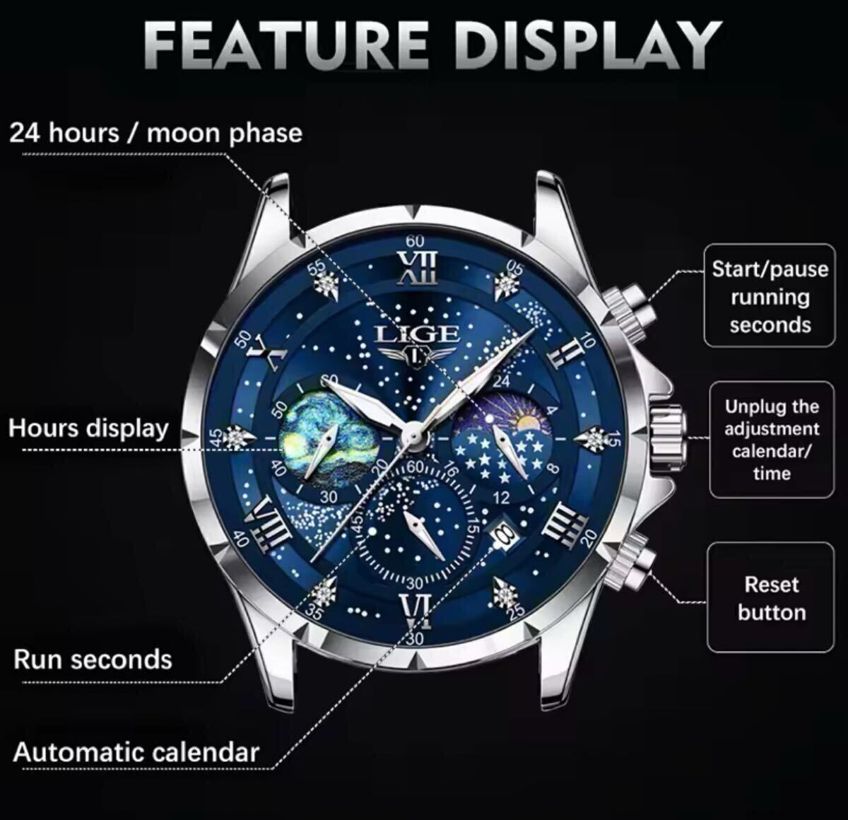 紳士用高級腕時計 クロノグラフ LIGEブランド_画像3