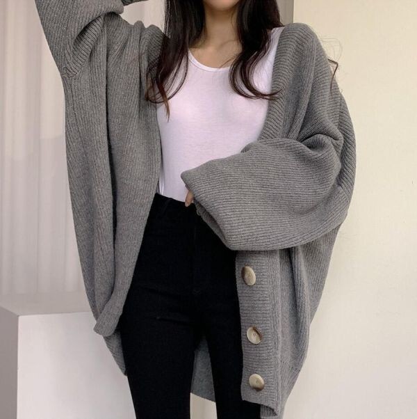 新品 秋 冬 秋冬 レディース 大きいサイズ トップス ニット カーディガン ゆったり ボリューム袖 厚手 セーター ニットコート灰_画像4