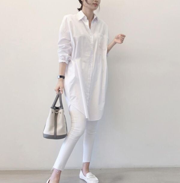 新品 秋 冬 S-2XLカジュアル チュニック きれいめ 長袖 ロング ブラウスシャツ 大きいサイズ ゆったり 大人 可愛い ホワイト_画像4