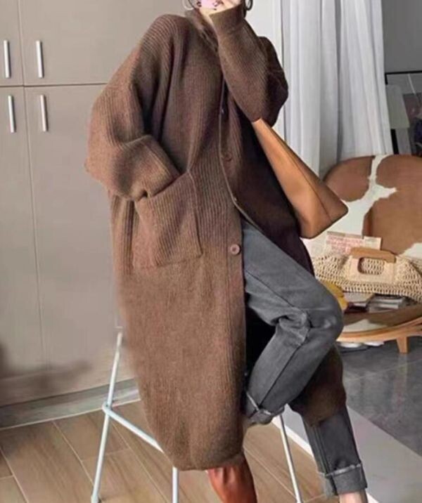 新品 秋 冬 Fサイズ上質 厚手 防寒 ニットカーディガン ロングカーディガン ハイネック アウター ロング コート 秋冬杏色_画像3