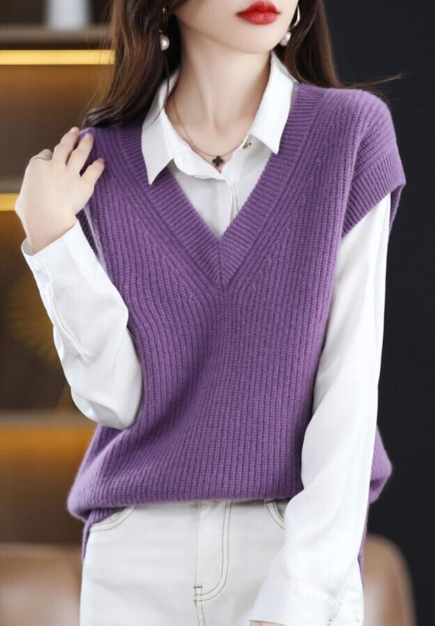 新品 秋 冬 M-XLサイズ秋冬 上質 おしゃれ Vネック 袖なし ニットベスト カシミヤ混 ニットセーター 大人女子 ベージュ_画像7