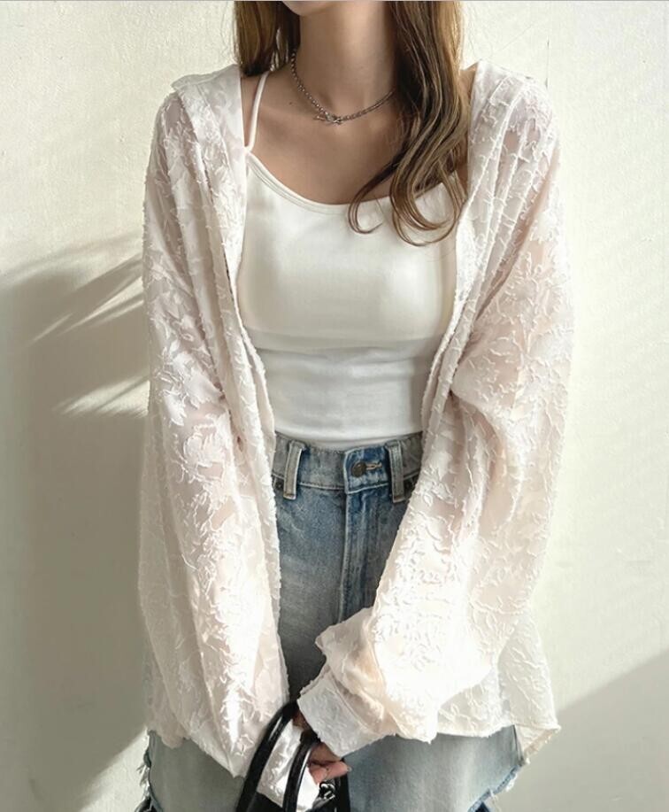 新品 秋 冬 カーディガン 夏 長袖 トップス UV 冷房対策 シフォン 大きいサイズ ロングカーディガン 薄手 着痩せ 透け感グレー_画像7