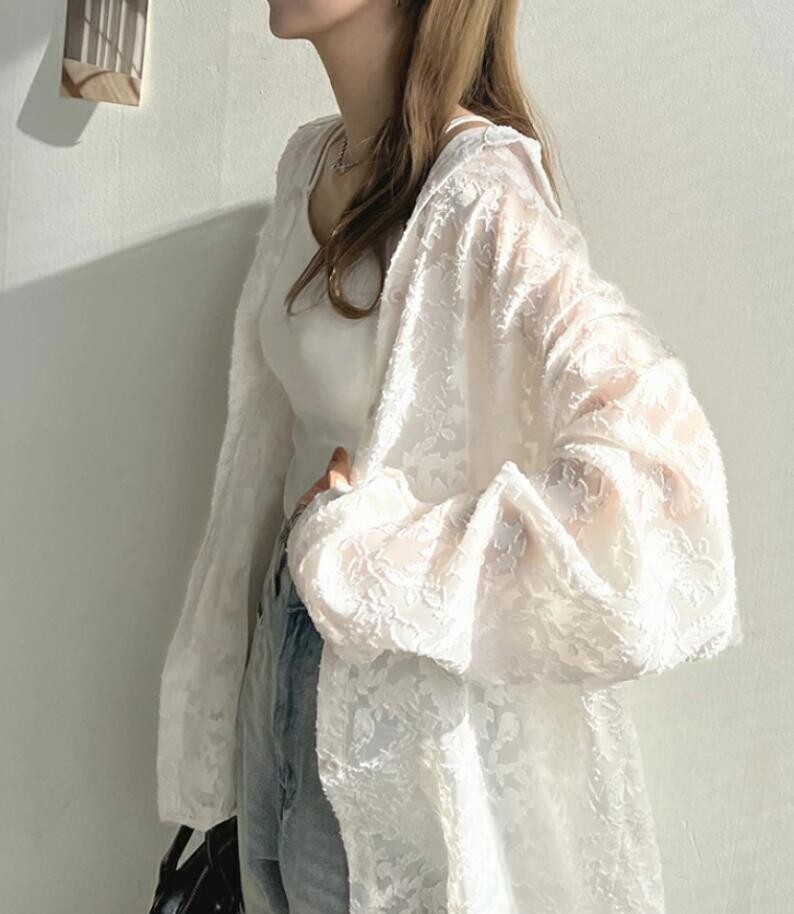 新品 秋 冬 カーディガン 夏 長袖 トップス UV 冷房対策 シフォン 大きいサイズ ロングカーディガン 薄手 着痩せ 透け感グレー_画像8