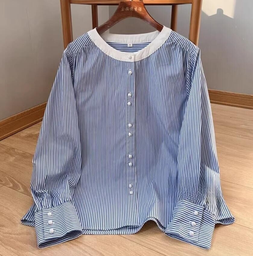 新品 秋 冬 シャツ レディース トップス ブラウス ボーダー柄 ゆったり 長袖 大人 体型カバー コットン シャツ 新生活 オフィス_画像5