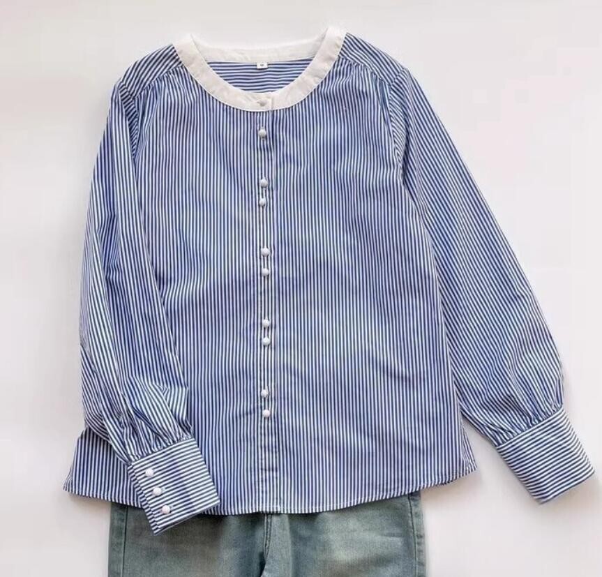 新品 秋 冬 シャツ レディース トップス ブラウス ボーダー柄 ゆったり 長袖 大人 体型カバー コットン シャツ 新生活 オフィス_画像4