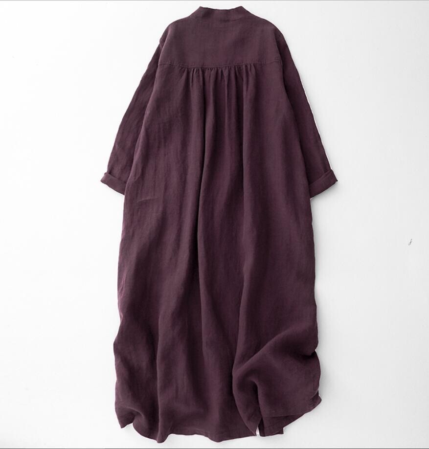 新品 秋 冬 春夏 カジュアル シャツワンピース 長袖 大きいサイズ 上品 シンプル 無地 ロングワンピース マキシ丈 通勤 綿麻風_画像2