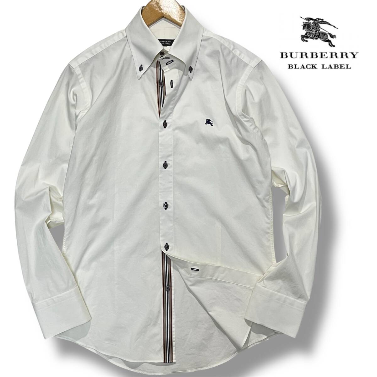 1円〜 美品 2(M) BURBERRY BLACK LABEL バーバリーブラックレーベル 前立ノバストライプ ストレッチ ボタンダウン 長袖シャツ_画像1