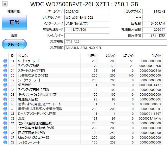 Western Digital 750GB 2.5インチHDD　WD7500BPVT-26HXZT3　中古　SATA_画像3