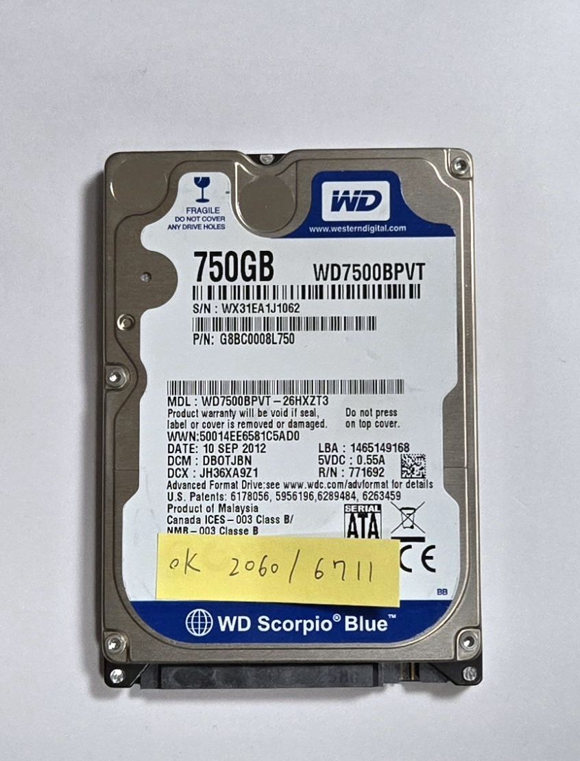 Western Digital 750GB 2.5インチHDD　WD7500BPVT-26HXZT3　中古　SATA_画像1