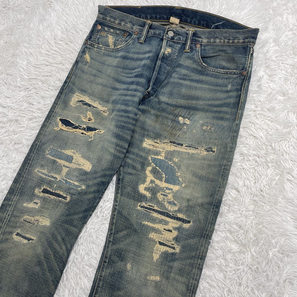 【名作】RRL RALPH LAUREN ダブルアールエル ラルフローレン ダメージ リペア デニム パンツ 34×32 名作_画像3
