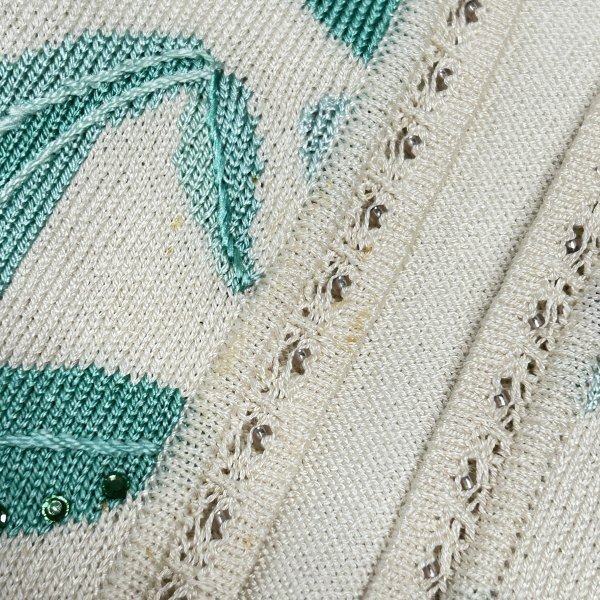 #auc レオナール LEONARD アンサンブル M アイボリー 紺 青 緑 ニット 花柄 ラインストーン ビーズ 難あり レディース [965693]_画像9